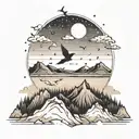 A sunset over a mountain range with birds soaring in the sky, representing the beauty of the journey on a path tattoo design idea