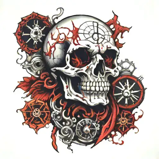 a skull, bloody eyes and blood dripping, a clock, and red fire with flames tattoo design idea
