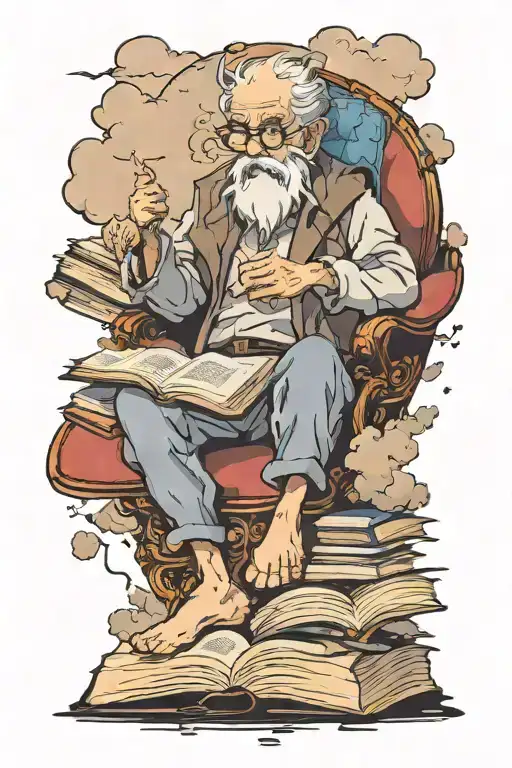 Old man on suite, cloudy sky, book ullustartion tattoo design idea