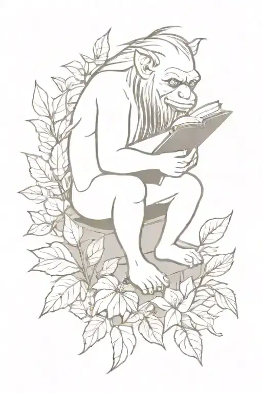 A minimalist design of a troll hiding among plants with a book in hand tattoo design idea