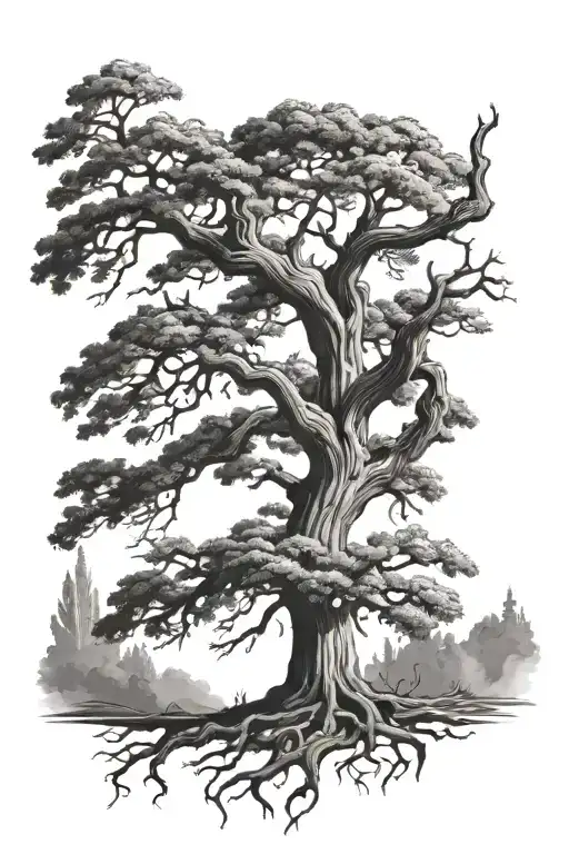 I want a oak tree thats tall with huge roots with the  word "Deforest" carved into it. no land  tattoo design idea