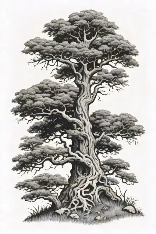 I want a oak tree sleeve that wraps up a males arm with the word "Deforest" carved into it. no color but lots of detail  tattoo design idea