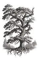 I want a oak tree thats tall with huge roots with the  word "Deforest" carved into it. no land  tattoo design idea