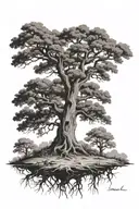 I want a oak tree thats tall with huge roots with the  word "Deforest" carved into it. no land  tattoo design idea