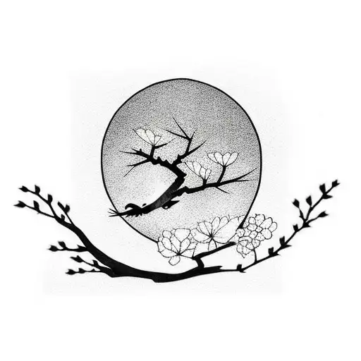 A minimalist black and pink tattoo of a crow perched on a Sakura tree branch enclosed in a rectangular silhouette tattoo design idea