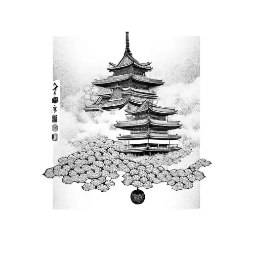 Sakura flower crows over an ancient Japanese tower tattoo design idea