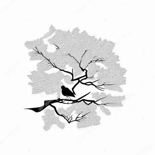 A minimalist black and pink tattoo of a crow perched on a Sakura tree branch enclosed in a rectangular silhouette tattoo design idea