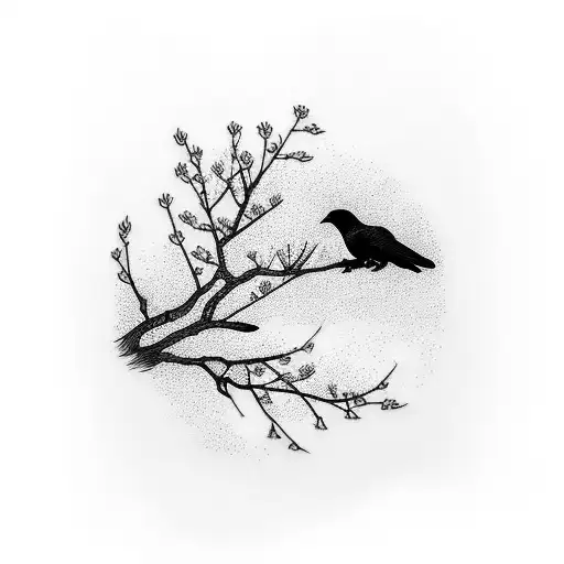 A minimalist black and pink tattoo of a crow perched on a Sakura tree branch tattoo design idea