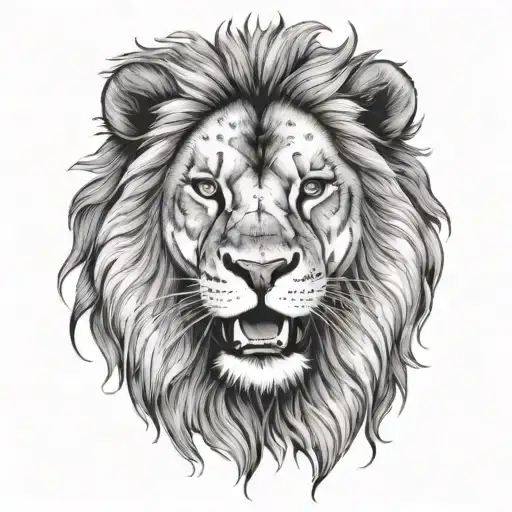 Tattoo of a lion, black and white, showing its teeth, a little angry, white background, perfect for a tattoo, white bac. tattoo design idea