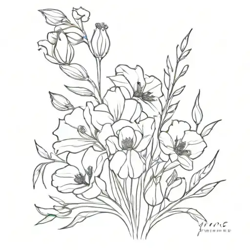 bouquet with Irises, Poppies, Roses and Wattle tattoo design idea