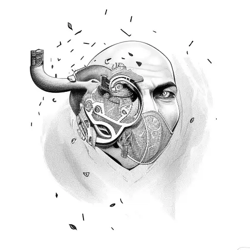 a man with a heart instead of a head and a smiley mask tattoo design idea
