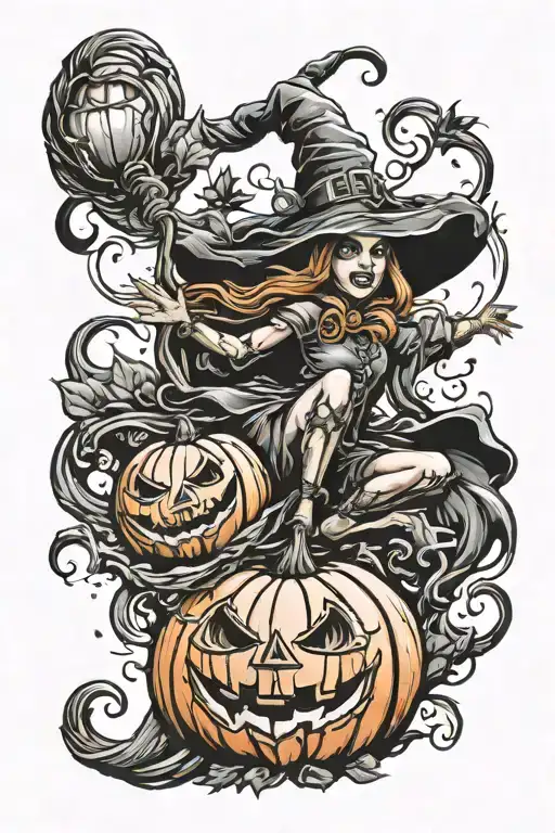 Pumpkin witch flying tattoo design idea