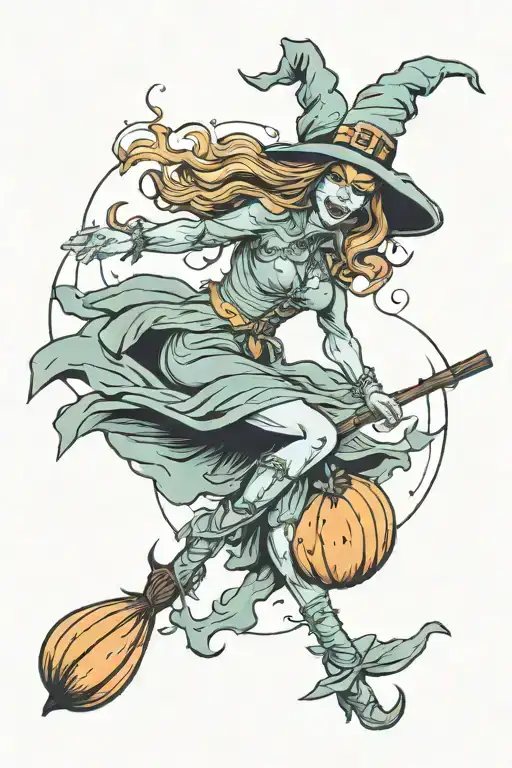 happy sexy Pumpkin headed witch flying on a broomstick, pastel colours  tattoo design idea