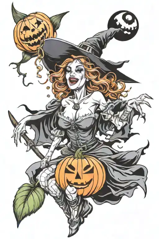 happy smiling witch with a pumpkin for a head wearing lingerie and flying on broomstick  tattoo design idea
