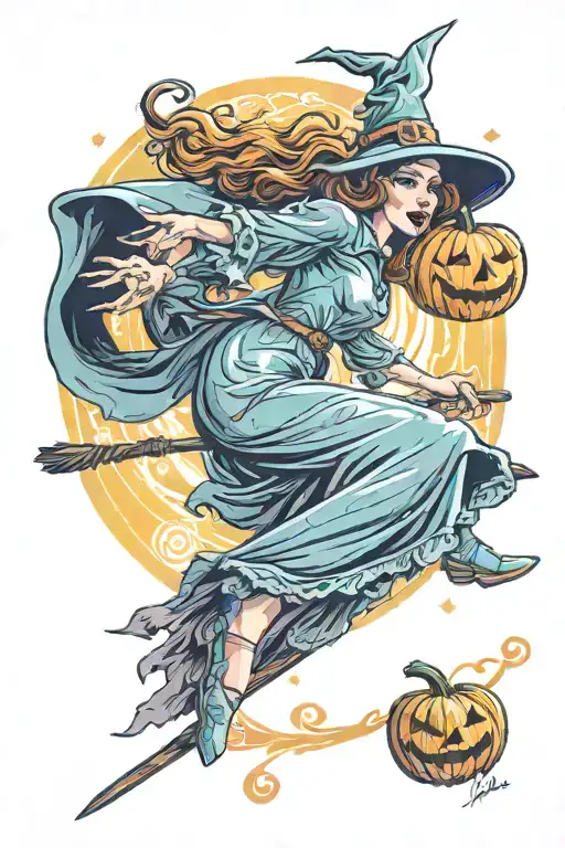 happy Pumpkin pin up girl witch flying on a broomstick, pastel colours  tattoo design idea