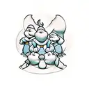 The 7 dwarfs from snow white stacked on eachothers shoulders, tattoo style, detailed with rocky background tattoo design idea