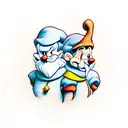 The 7 dwarfs from snow white stacked on eachothers shoulders, tattoo style, detailed with rocky background tattoo design idea