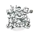 The 7 dwarfs from snow white stacked on eachothers shoulders, tattoo style, detailed with rocky background tattoo design idea