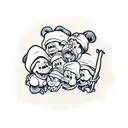 The 7 dwarfs from snow white stacked on eachothers shoulders, tattoo style, detailed with rocky background tattoo design idea