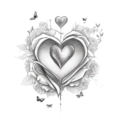 heartbeat with heart in the middle surrounded by roses and butterflies tattoo design idea
