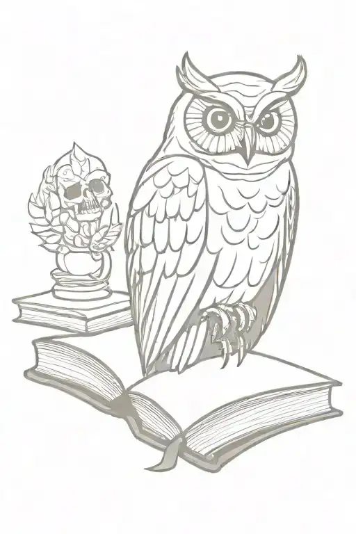 owl perched with a skull and book tattoo design idea