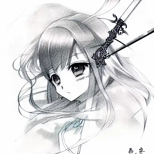 Anime, girl, sword,  best quality, masterpiece,  tattoo design idea