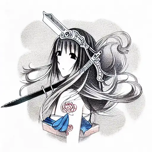 Anime, girl, sword,  best quality, masterpiece,  tattoo design idea