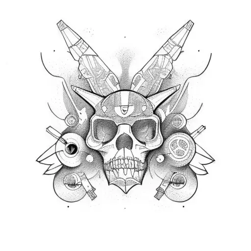coche, arma, cabeza, moto tattoo design idea