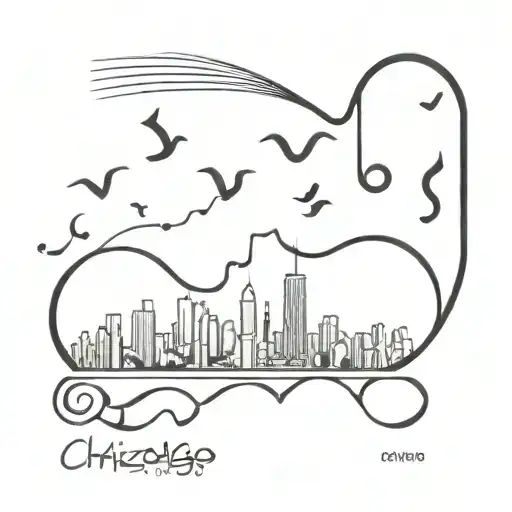 A minimalist tattoo of the Chicago skyline with musical notes floating above, blending your love for the city and music tattoo design idea