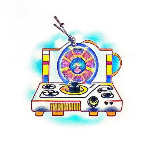 A traditional tattoo of a retro arcade cabinet with a vinyl record spinning on top tattoo design idea
