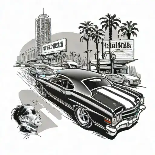 71 Chevelle driving down hollywood blvd with the hollywood sign reading goldenboy rather than hollywood  tattoo design idea