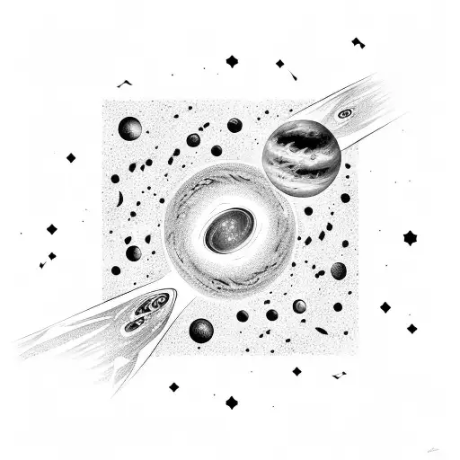 A detailed galaxy with bright shooting stars with birthdates beside them tattoo design idea
