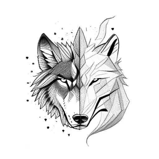 A majestic wolf and lion facing off in a fierce battle, with an anime-inspired twist tattoo design idea