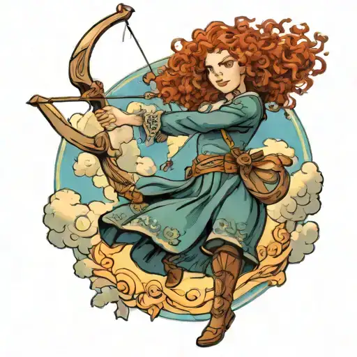 Merida shoots into the sky with her bow, small, outlined clouds in the sky should be written as "brave" and "impossible" tattoo design idea