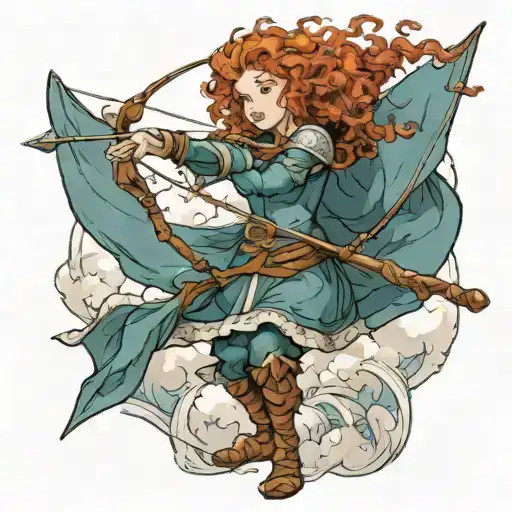 Merida shoots into the sky with her bow, small, outlined clouds in the sky should be written as "brave" and "impossible" tattoo design idea
