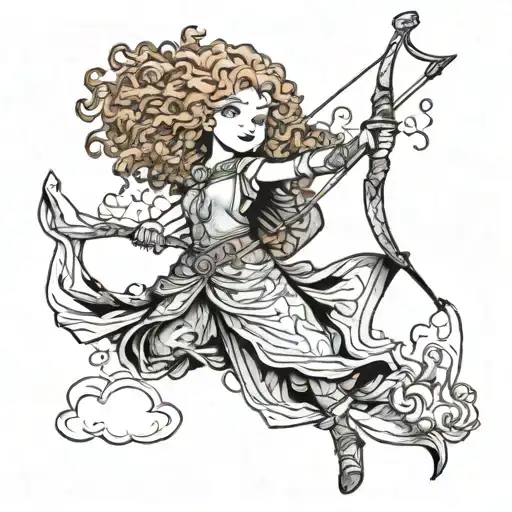 Merida shoots into the sky with her bow, small, outlined clouds in the sky should be written as "brave" and "impossible" tattoo design idea