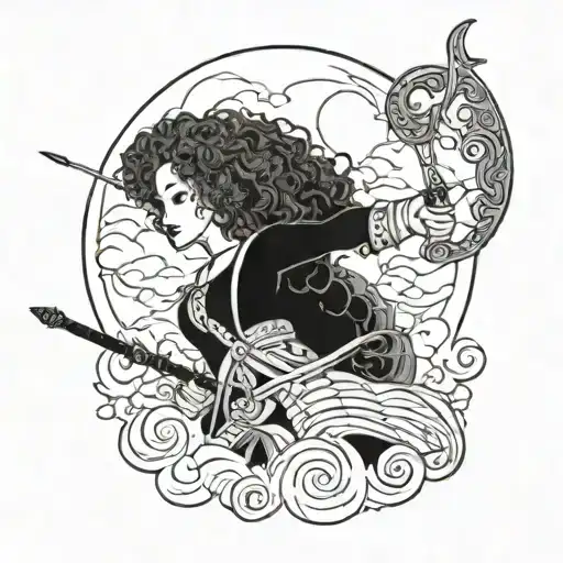 Merida shoots into the sky with her bow, small, outlined clouds in the sky should be written as "brave" and "impossible" tattoo design idea