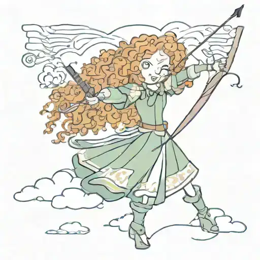 Merida shoots into the sky with her bow, small, outlined clouds in the sky should be written as "brave" and "impossible" tattoo design idea