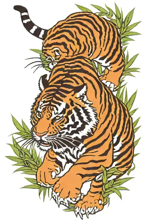 tiger walking with bamboo background  tattoo design idea