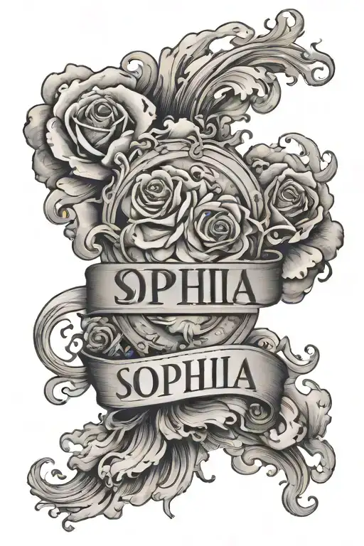 The name "Sophia" in the center with clouds  floating in the arm  tattoo design idea