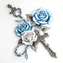 white roses without leaves, blue rose without leaves, rosary with cross tattoo design idea
