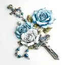 white roses without leaves, blue rose without leaves, rosary with cross tattoo design idea