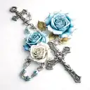 white roses without leaves, blue rose without leaves, rosary with cross tattoo design idea