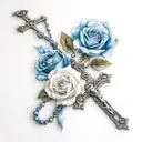 white roses without leaves, blue rose without leaves, rosary with cross tattoo design idea