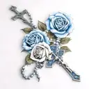 white roses without leaves, blue rose without leaves, rosary with cross tattoo design idea