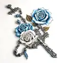 white roses without leaves, blue rose without leaves, rosary with cross tattoo design idea