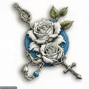 white roses without leaves, blue rose without leaves, rosary with cross tattoo design idea