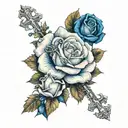 white roses without leaves, blue rose without leaves, rosary with cross tattoo design idea