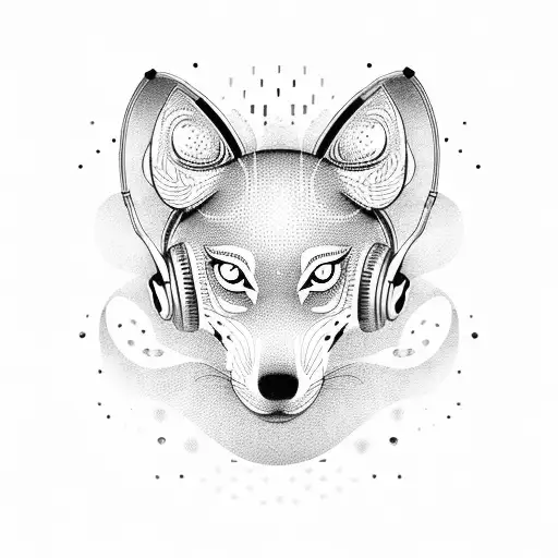 A dotwork tattoo of a dancing wolf wearing headphones and surrounded by a swirling pattern of musical instruments tattoo design idea