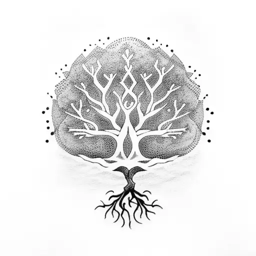 A dotwork tattoo of a tree of knowledge with roots shaped like yoga poses tattoo design idea